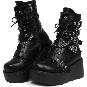 Women Polyurethane Wedge Round Toe Buckle Leather Platform Side Zip Ankle Boot